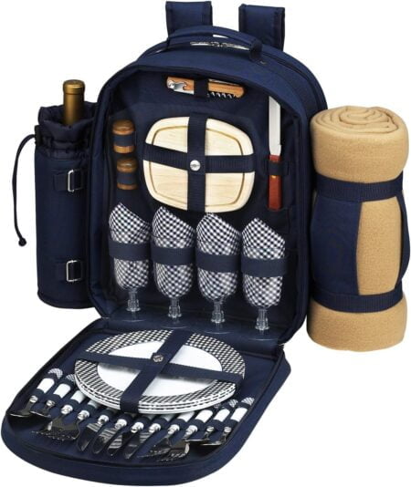 Picnic At Ascot Deluxe Equipped 4-Person Picnic Backpack with Blanket, Navy /White